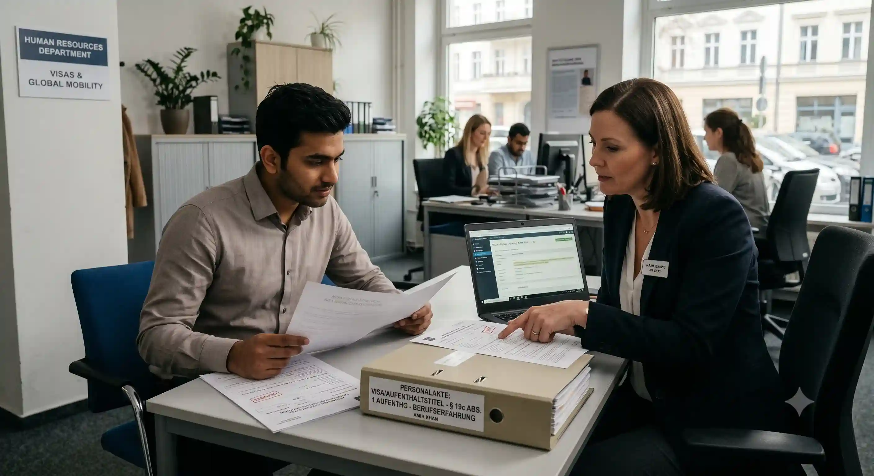 HR professional reviewing Germany Section 19c work permit documents at a desk with a Germany skyline in the background