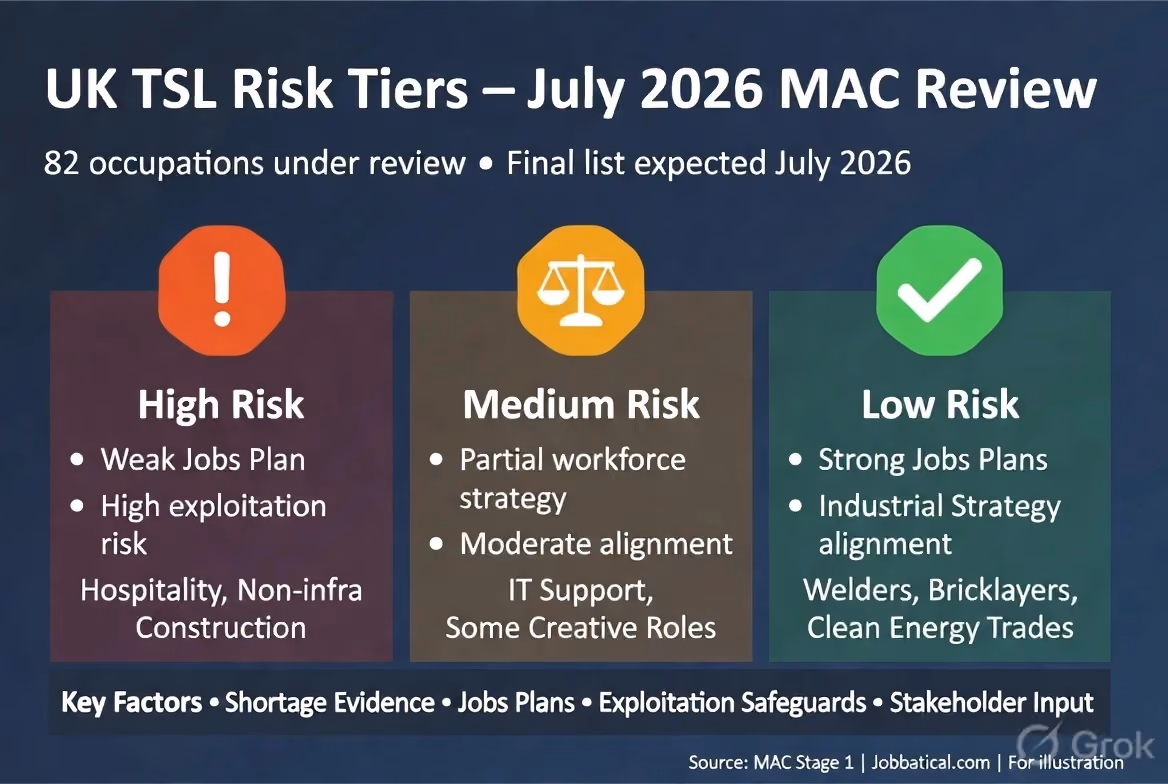 Diagram showing risk tiers for UK Temporary Shortage List occupations ahead of the July 2026 MAC Stage 2 review