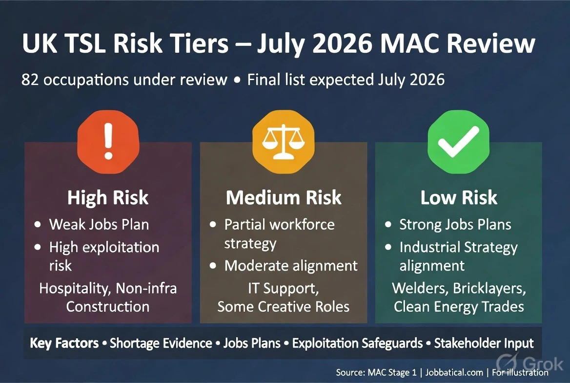 Schéma présentant les niveaux de risque pour les professions figurant sur la liste britannique des pénuries temporaires, en vue de la révision de la phase 2 du MAC prévue en juillet 2026