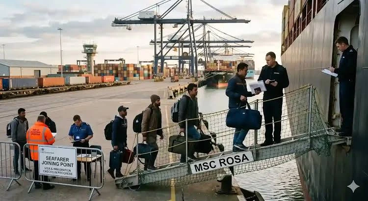 Crewing manager reviewing UK seafarer visa fee breakdown documents at a maritime port office