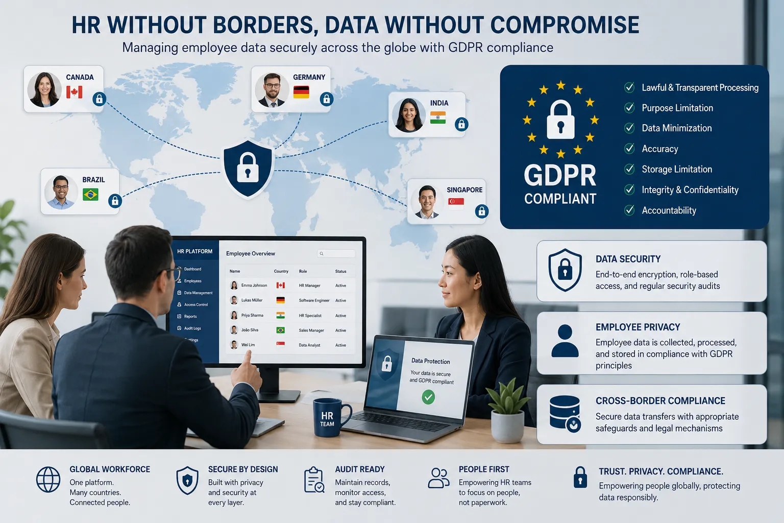 HR manager reviewing global mobility data compliance dashboard with secure case management