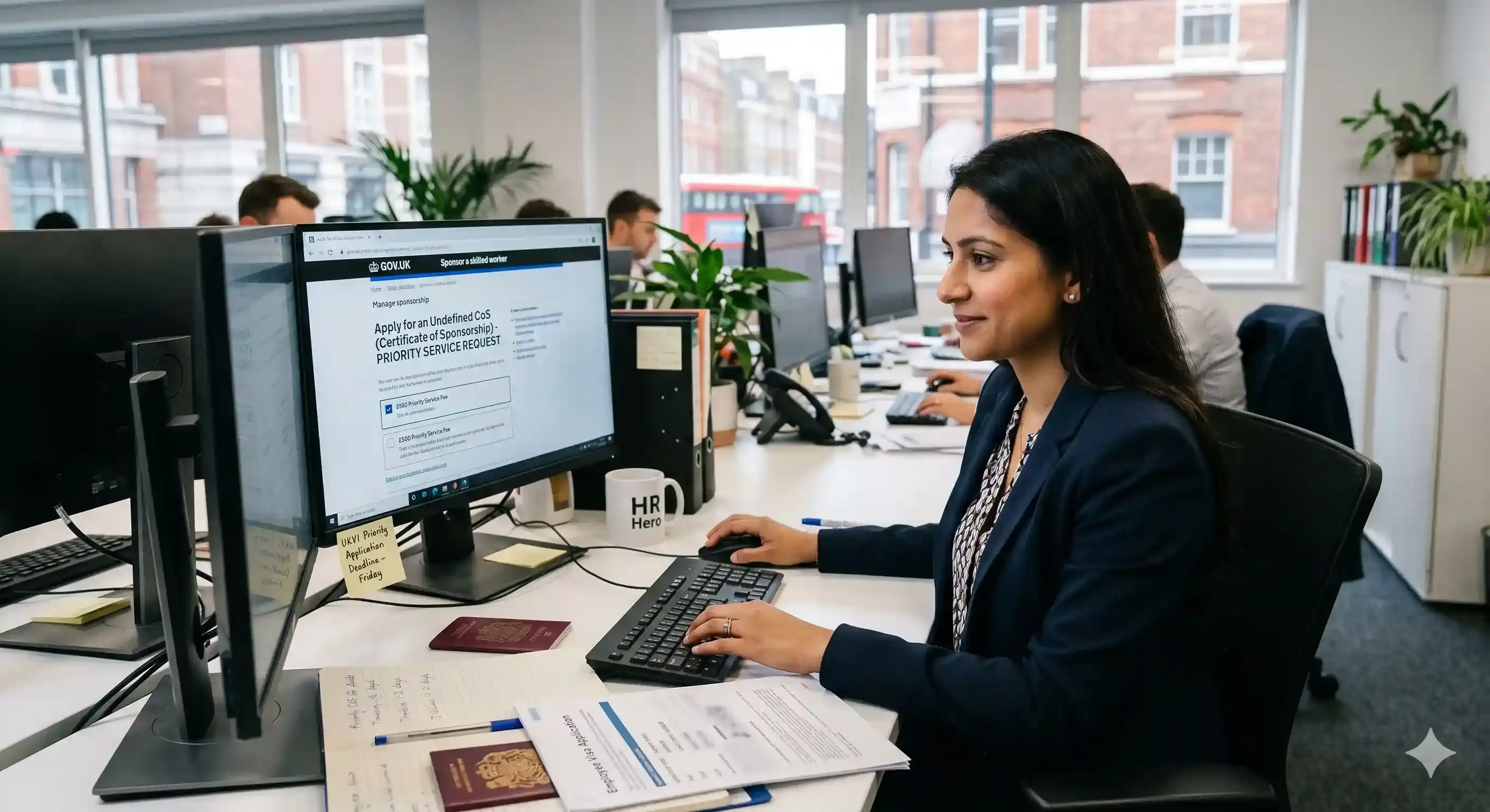 HR professional reviewing the Sponsor Management System on a laptop to submit a CoS allocation priority service request to the UK Home Office