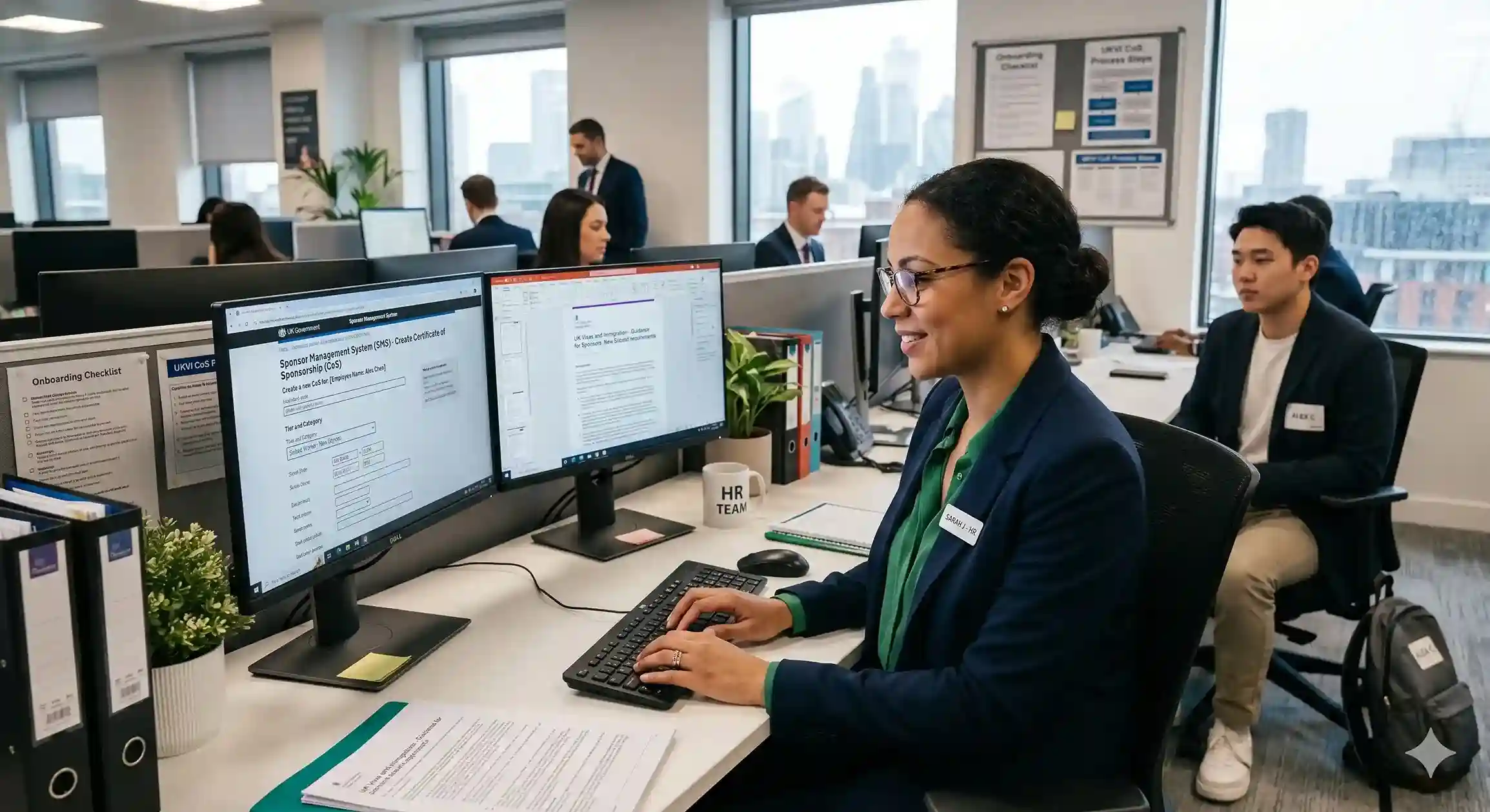 HR manager reviewing new entrant CoS criteria and salary thresholds on a laptop
