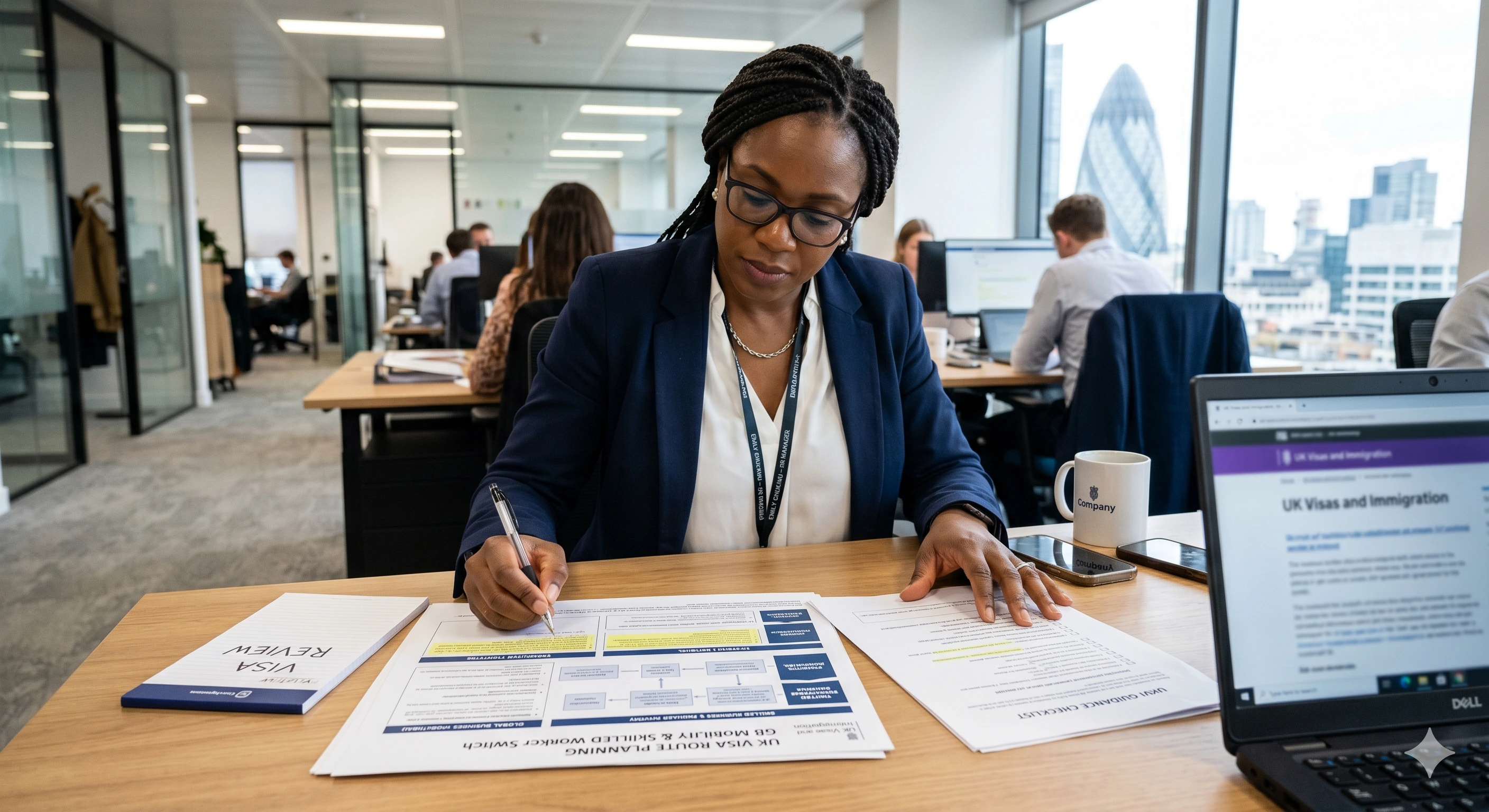 HR manager reviewing UK visa route planning documents for Global Business Mobility and Skilled Worker switch