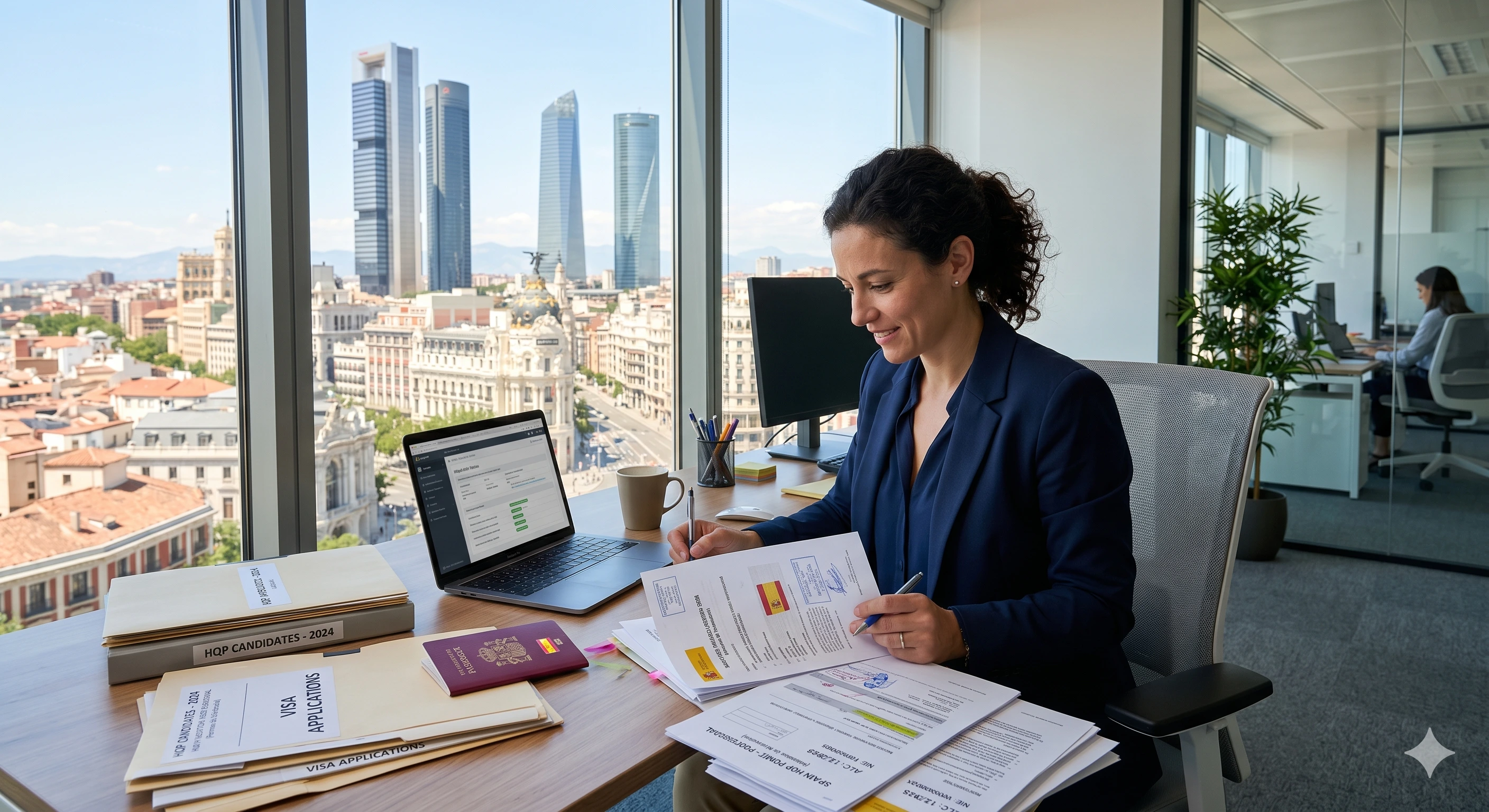 HR professional reviewing Spain HQP permit documents at a desk with Madrid skyline in background