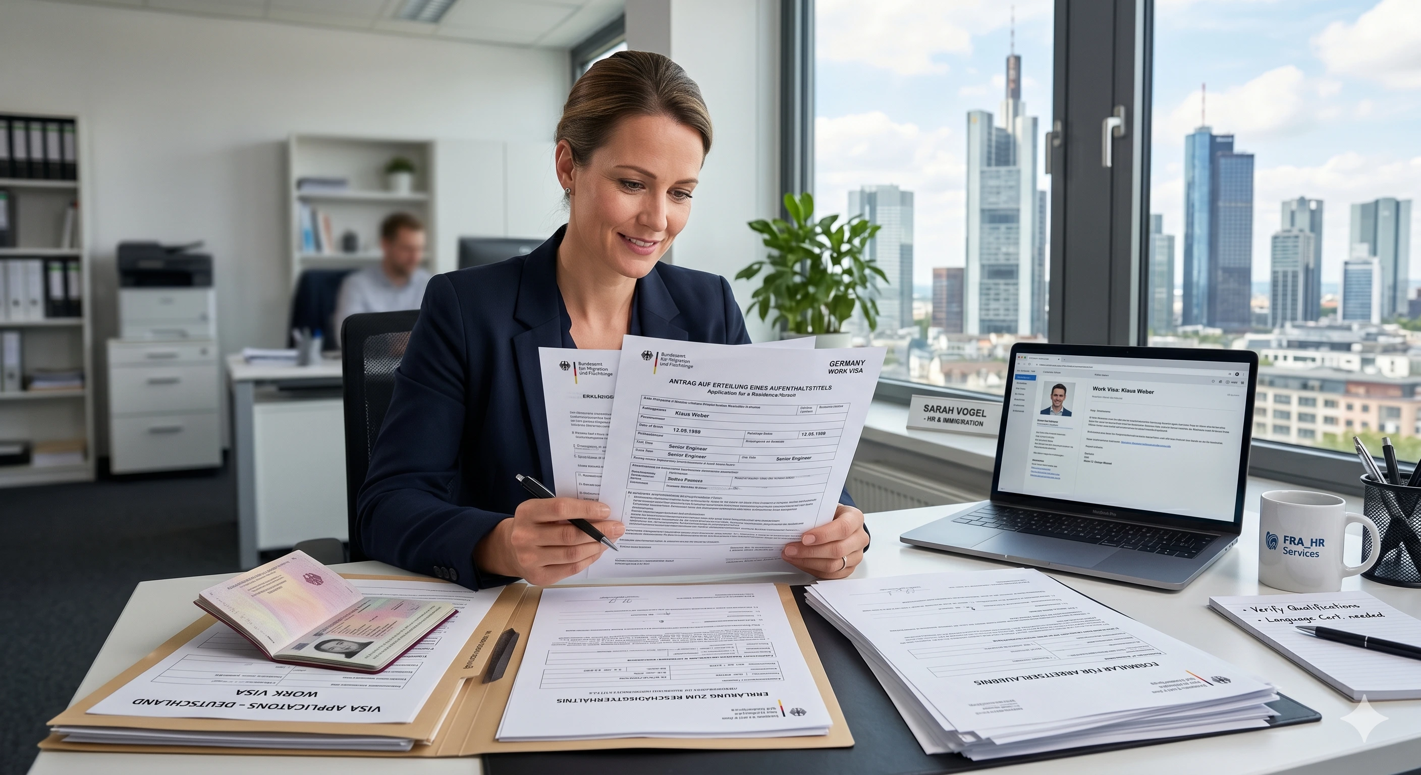 HR professional reviewing Germany work visa documents at desk with German immigration forms