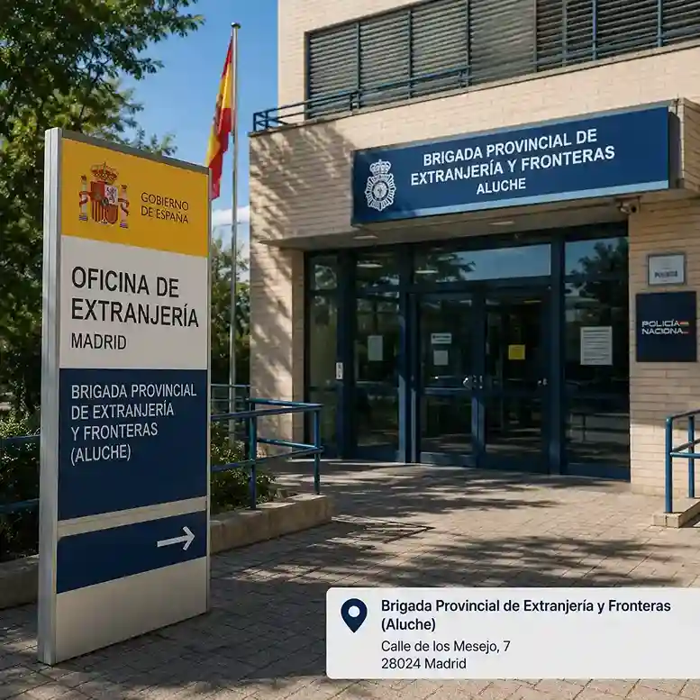 Madrid Extranjería office building exterior showing the Brigada Provincial de Extranjería y Fronteras at Aluche