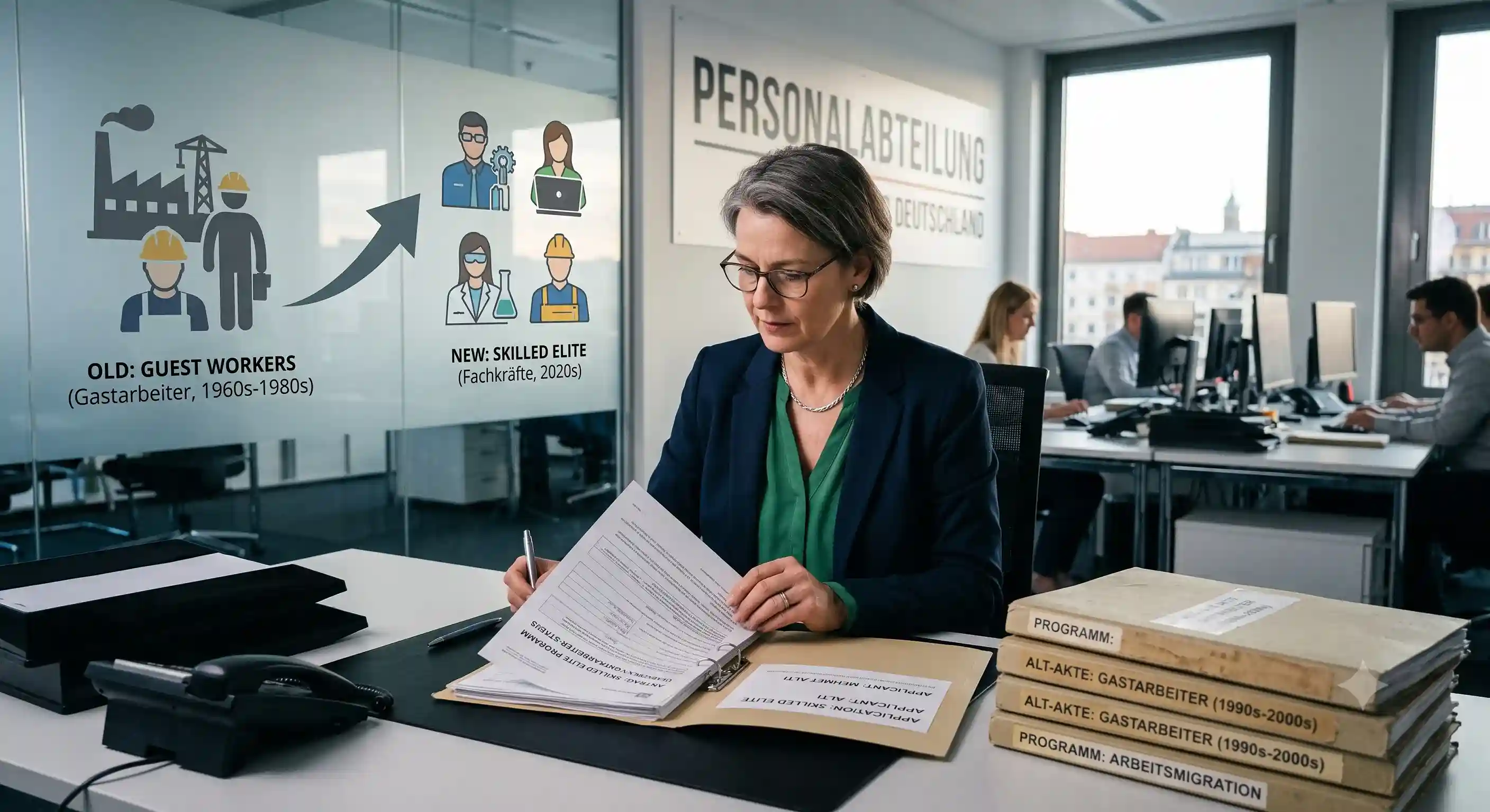 HR professional reviewing Germany work permit documents and permit track decision chart