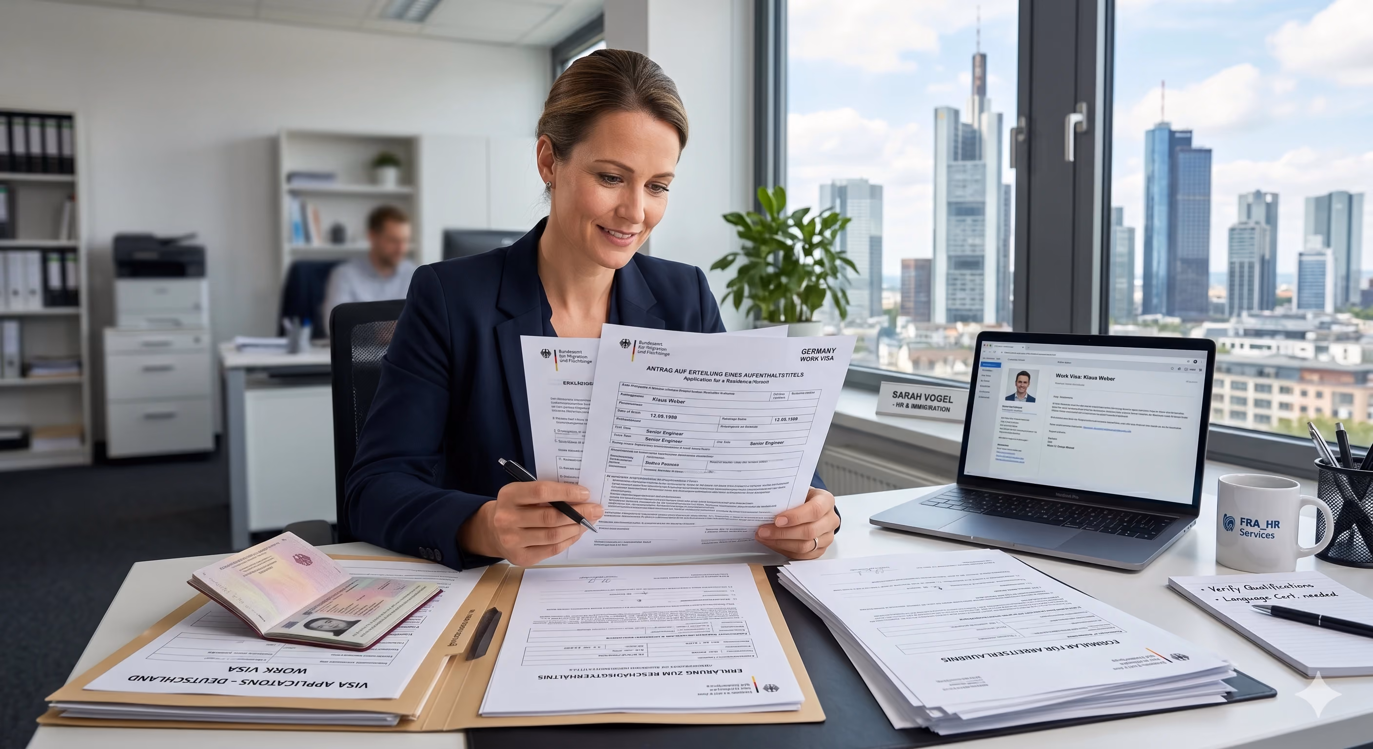 Un profesional de recursos humanos revisa en su escritorio la documentación para el visado de trabajo en Alemania, junto con los formularios de inmigración alemanes
