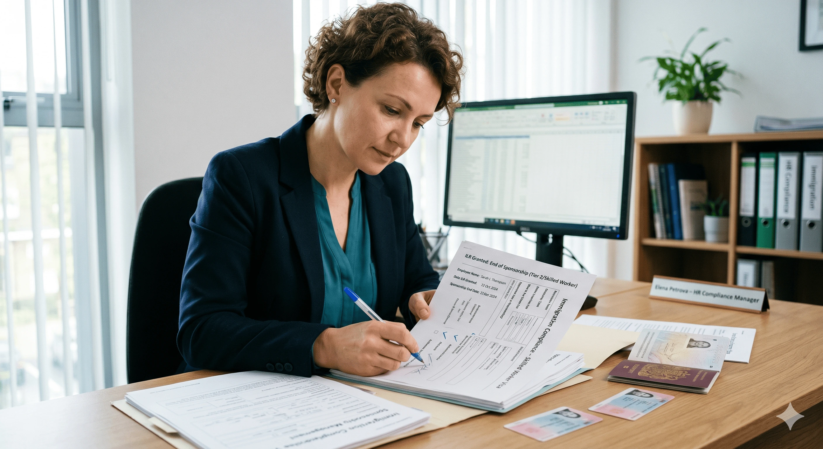 HR professional reviewing immigration compliance documents at a desk, marking the end of an employee's skilled worker sponsorship after ILR is granted