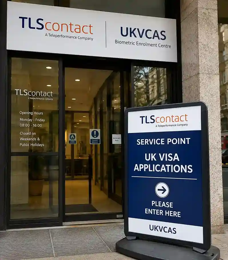 Entrance to TLScontact UKVCAS biometric centre in London showing service point sign for UK visa applicants