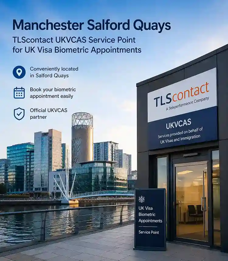 Manchester Salford Quays skyline with TLScontact UKVCAS service point for UK visa biometric appointments
