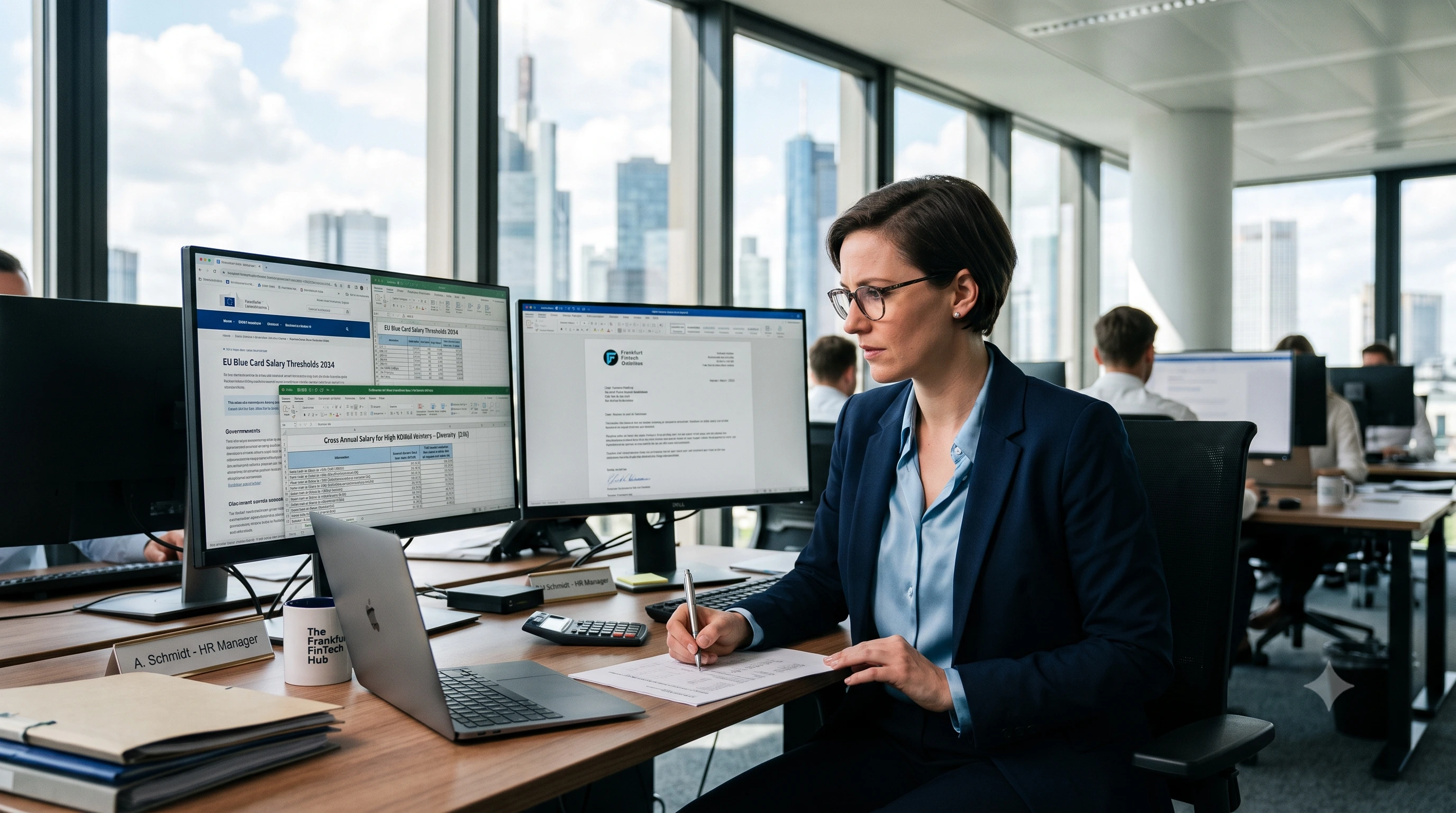 Munich HR manager reviewing a recognition partnership agreement for a non-EU skilled worker