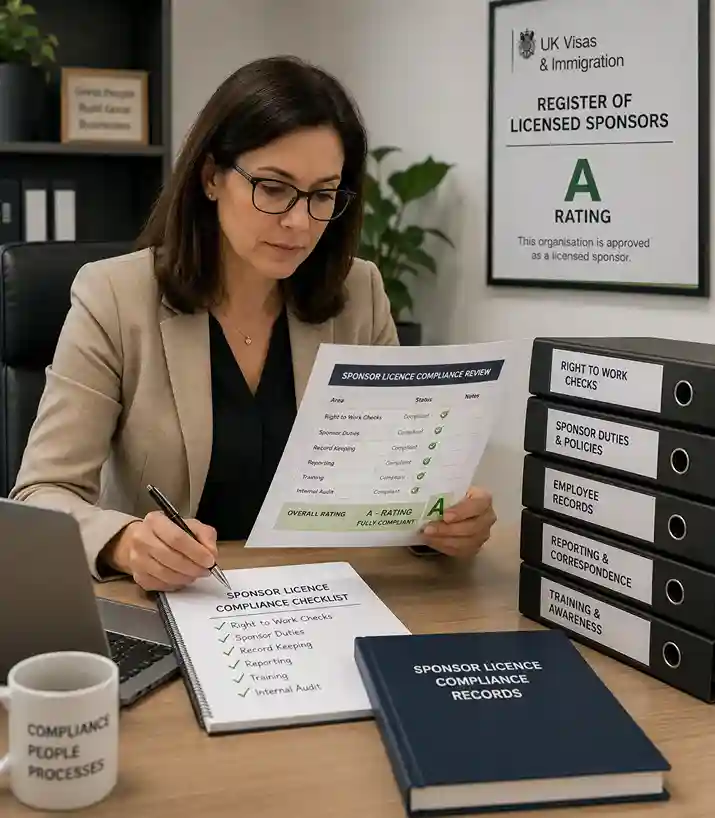 HR manager reviewing sponsor licence compliance records to maintain an A-rating on the UK register of licensed sponsors