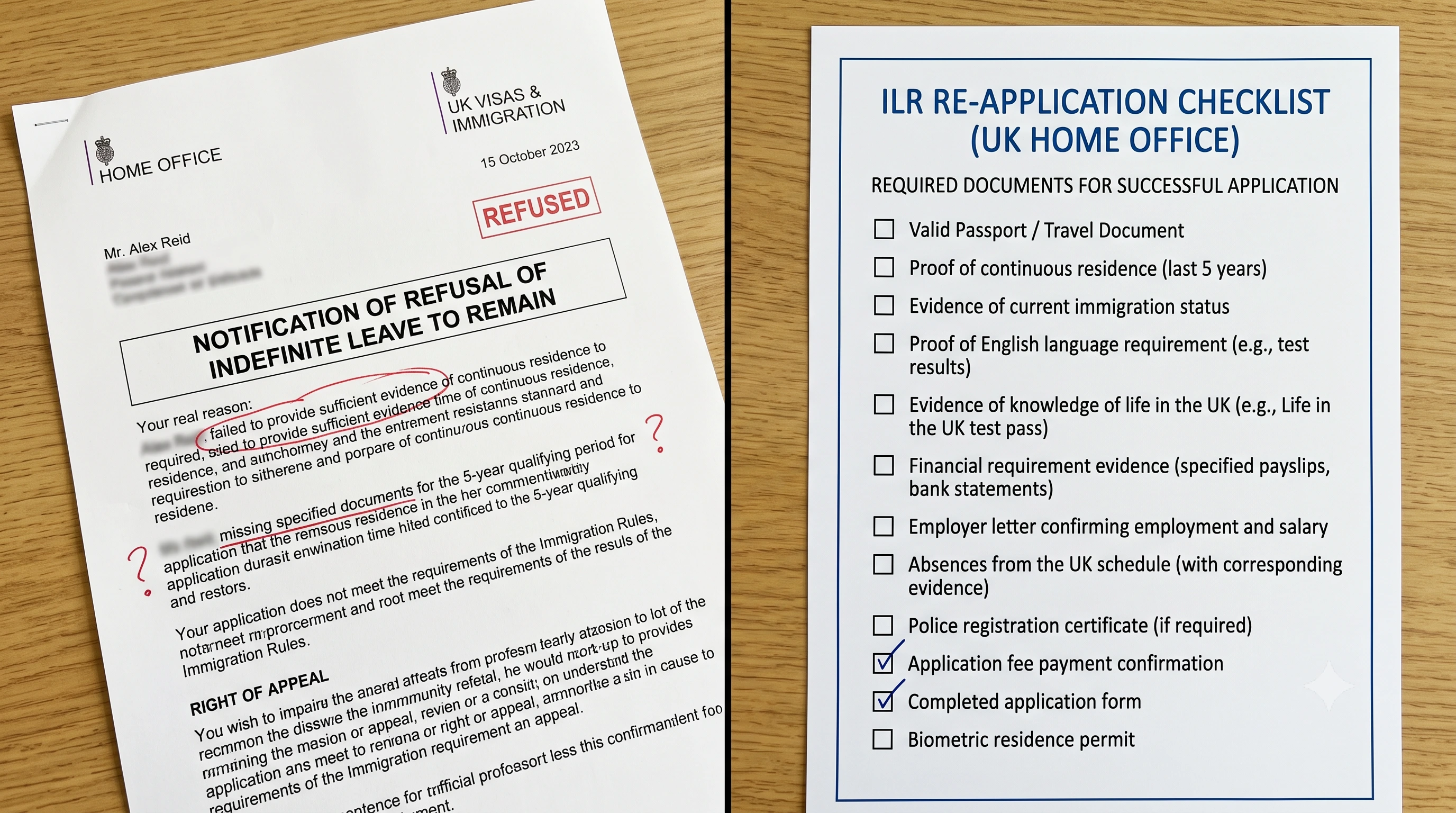 HR manager reviewing a UK Home Office ILR refusal letter with an employee