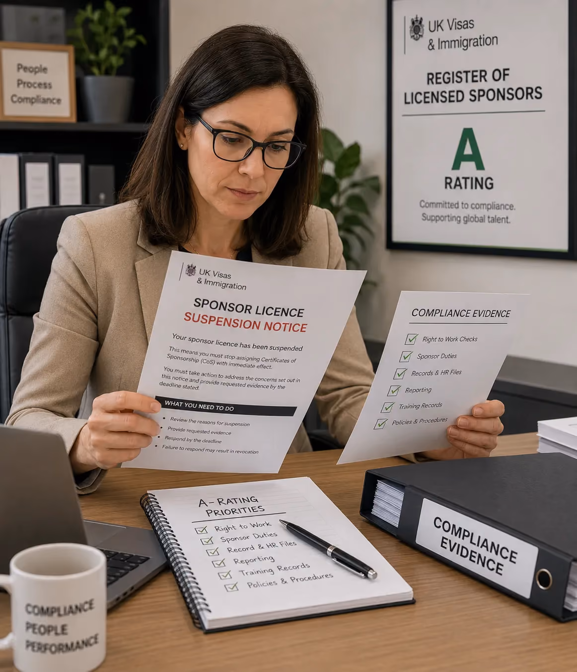 HR manager reviewing sponsor licence suspension notice and compliance evidence