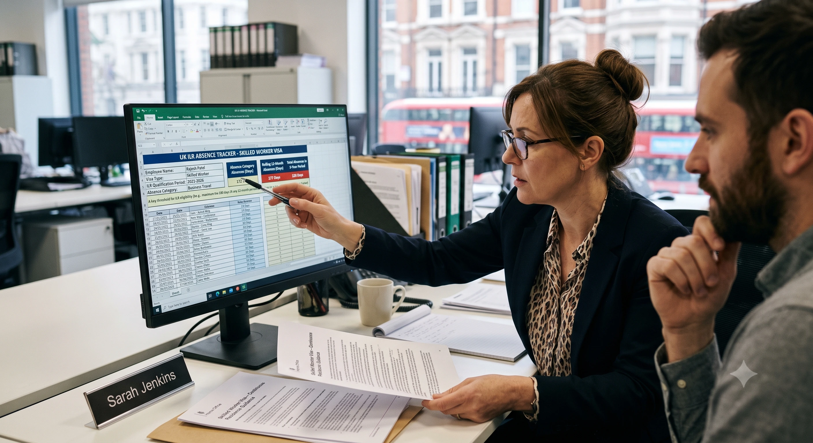 HR manager reviewing UK ILR absence tracker showing rolling 12-month business travel days for a sponsored Skilled Worker visa employee