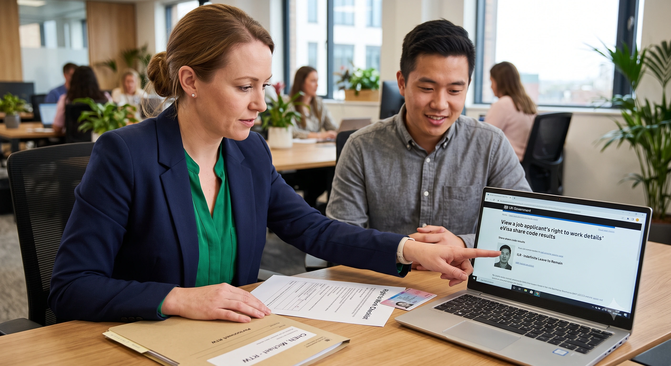 HR manager reviewing right-to-work file and eVisa share code for an employee who has just been granted ILR