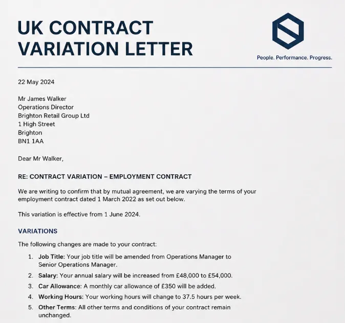 HR manager reviewing UK contract variation letter template with employee at desk