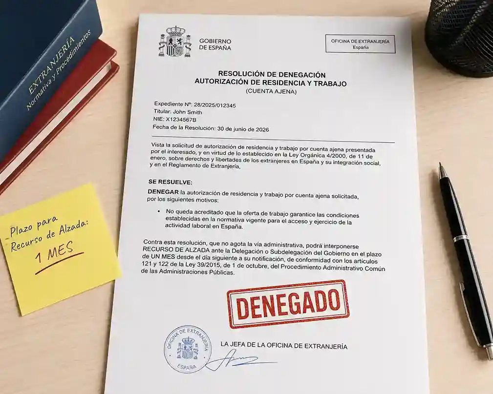 HR manager reviewing a Spain work permit denial letter before filing a recurso de alzada appeal