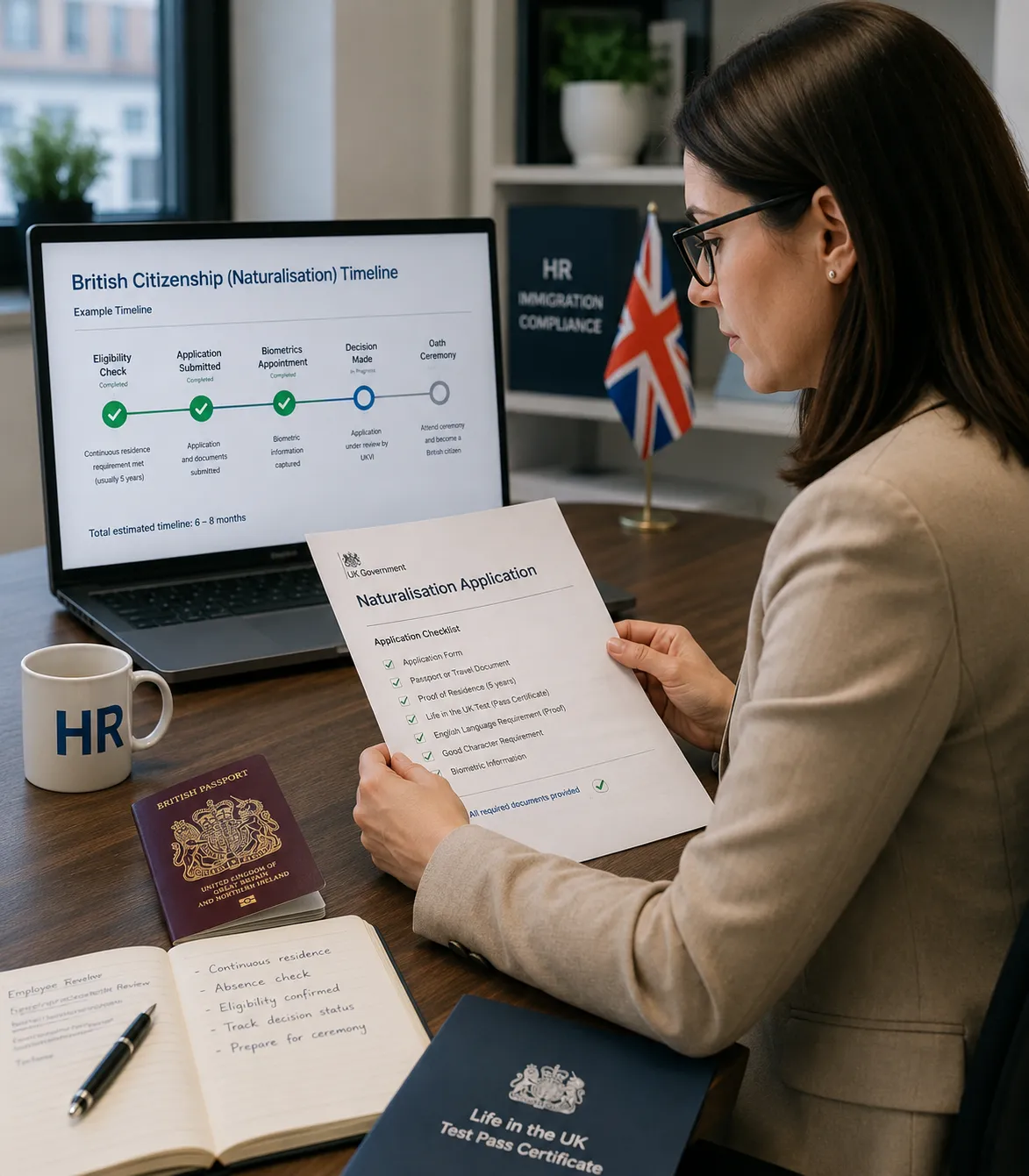 Un responsable des ressources humaines britannique examine le calendrier et les documents relatifs à la naturalisation d'un salarié en vue de l'obtention de la nationalité britannique