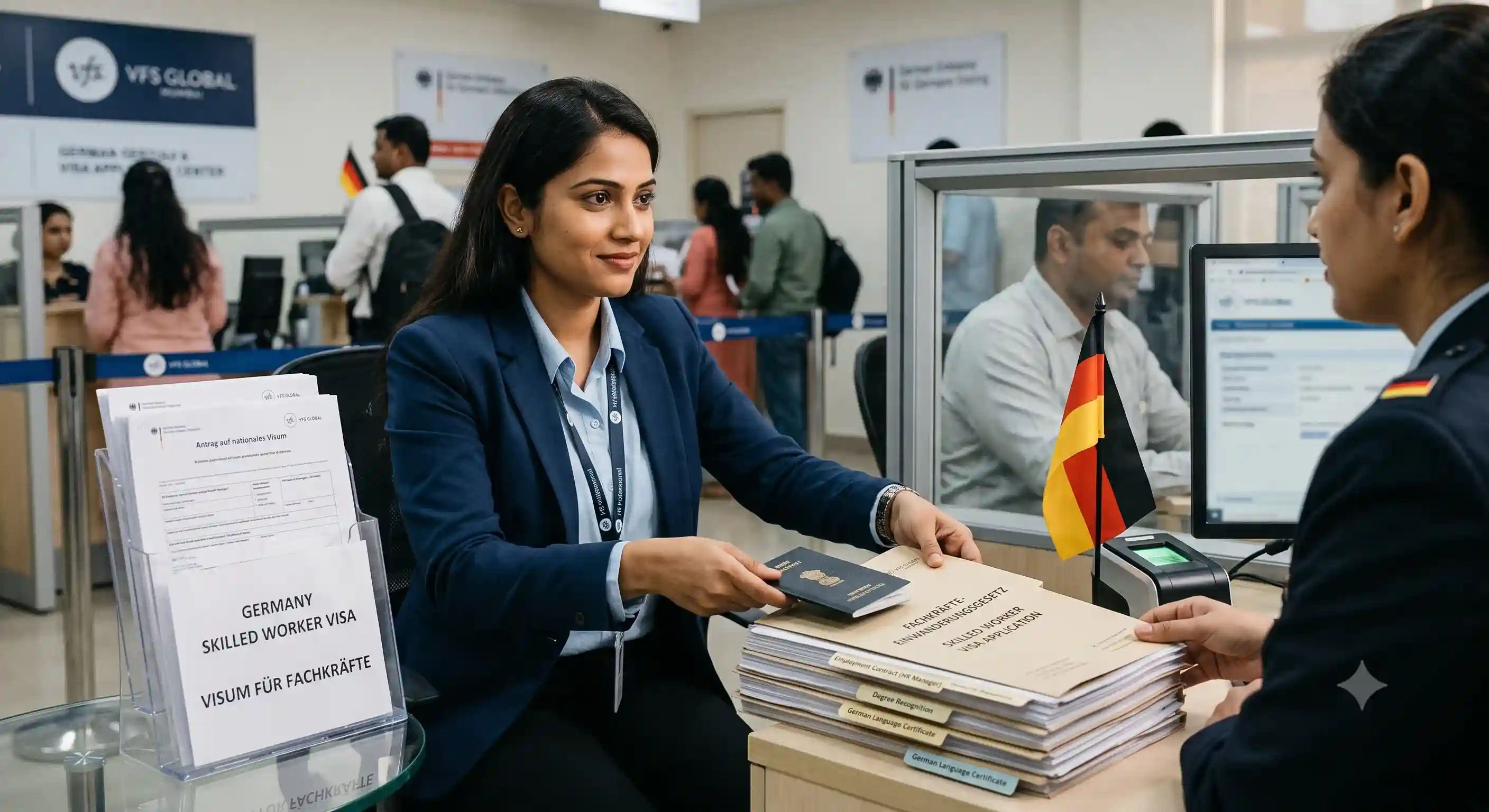 Un responsable des ressources humaines consulte sur son ordinateur portable les procédures relatives aux visas pour travailleurs qualifiés en Allemagne ainsi que les seuils salariaux