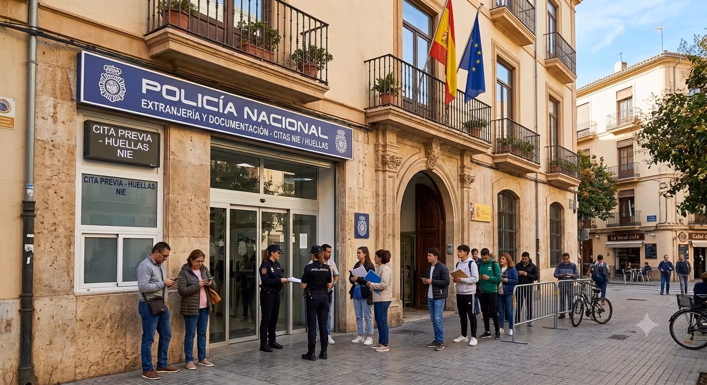 Fachada de la comisaría de la Policía Nacional española donde se celebran las citas para la toma de huellas dactilares para el NIE