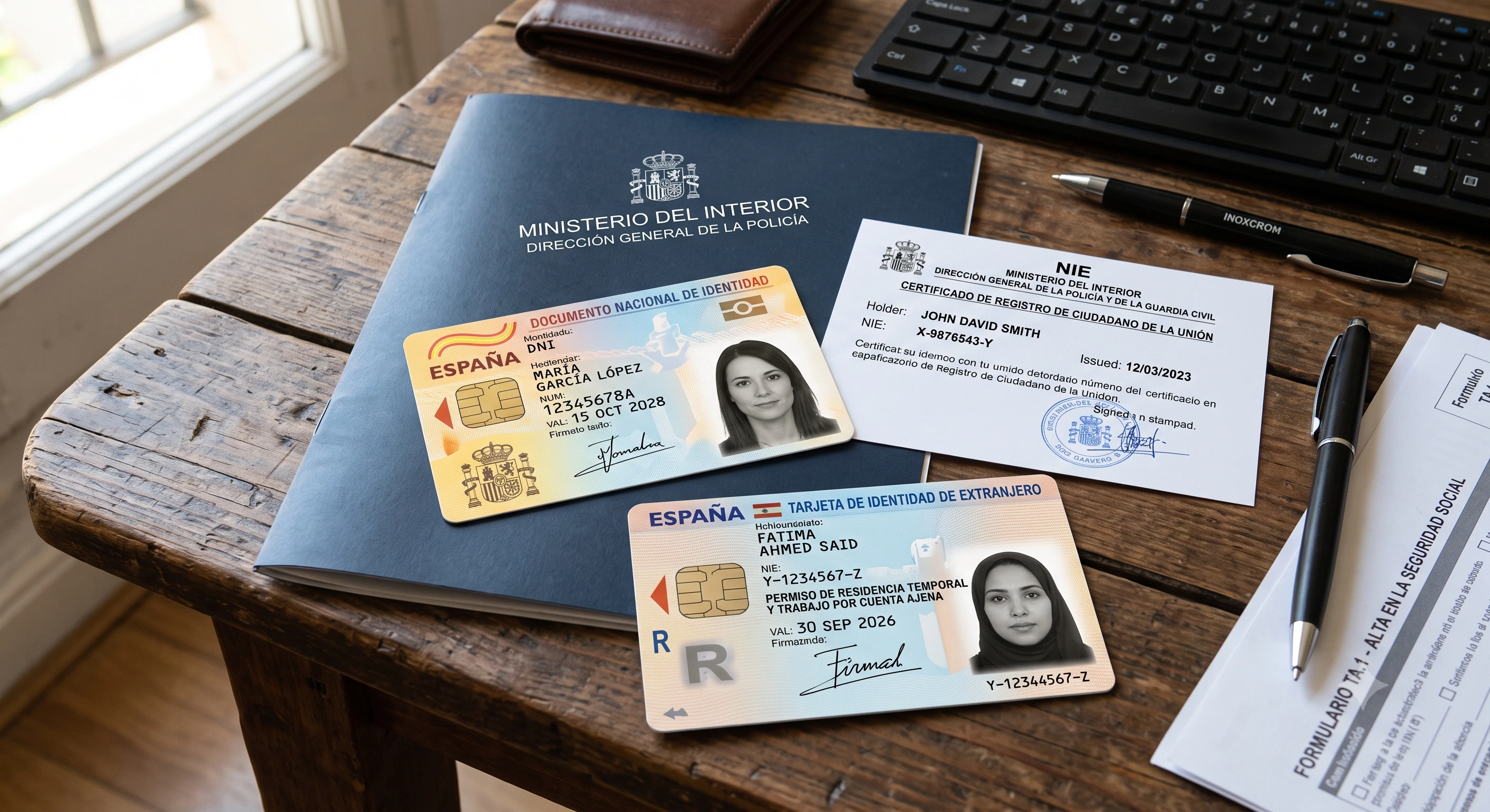 Documents d'identité espagnols, notamment le DNI, le NIE et le TIE, destinés aux déclarations fiscales et administratives de l'employeur en matière d'immigration