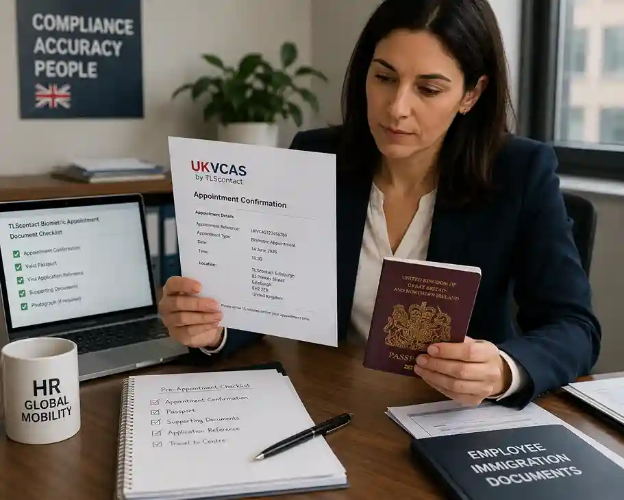 HR manager reviewing a UKVCAS appointment confirmation and passport documents before a TLScontact biometric appointment