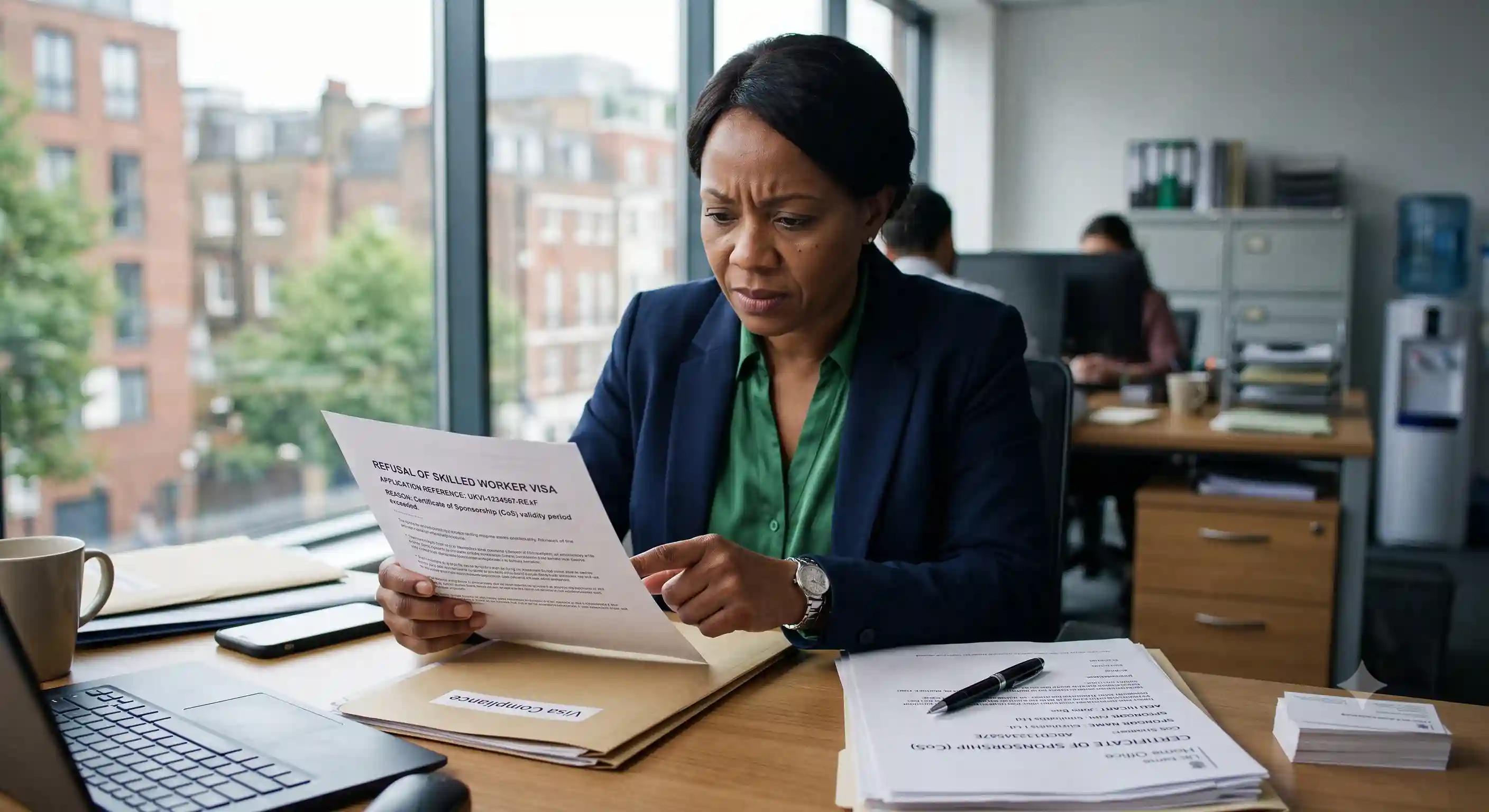 Responsable des ressources humaines examinant une lettre de refus de visa « Travailleur qualifié » au Royaume-Uni, accompagnée des documents relatifs au certificat de parrainage