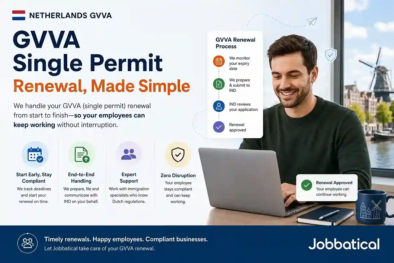 HR manager reviewing a Netherlands GVVA single permit renewal timeline with an employee