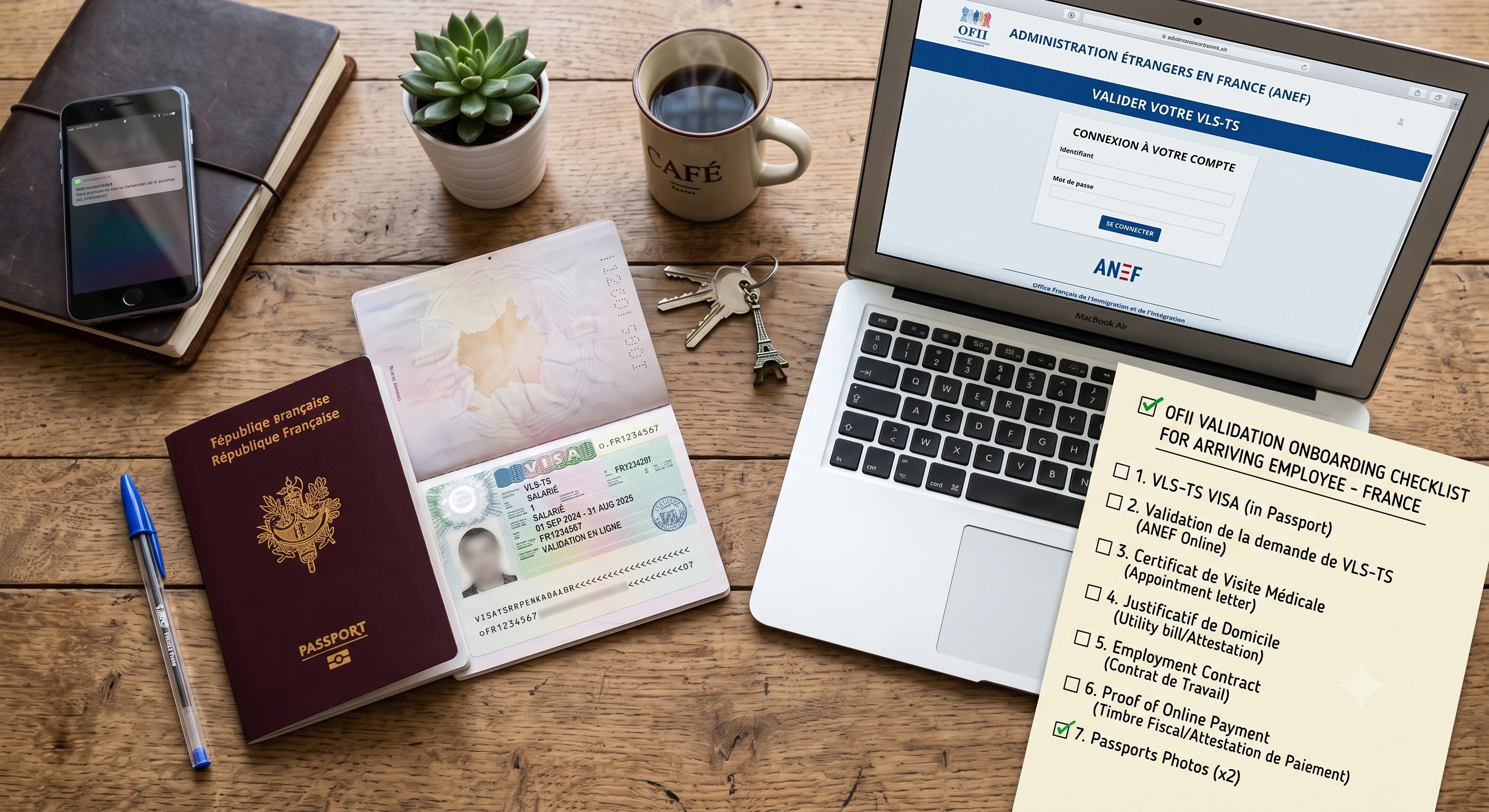 HR manager reviewing a France OFII validation onboarding checklist for an arriving employee