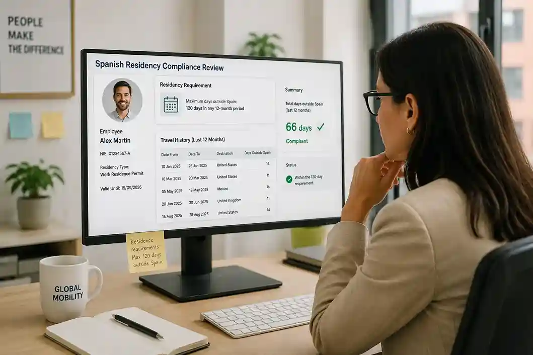 HR manager reviewing an employee's travel history against Spanish residency absence rules