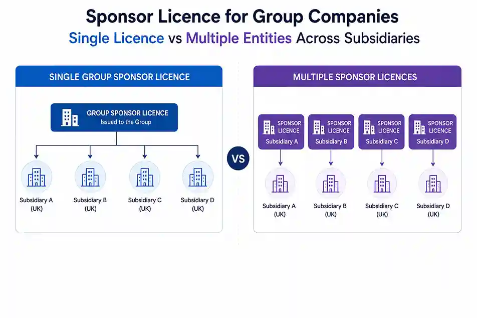 Diagram comparing a single UK group sponsor licence with separate licences across subsidiaries