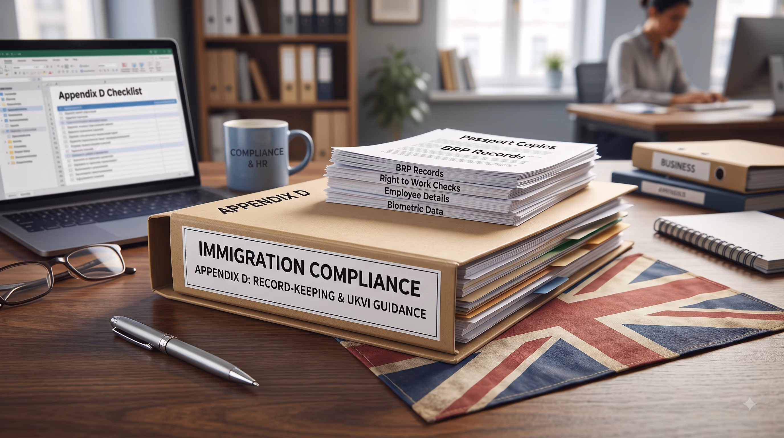 Professional desk with documents for UK immigration compliance: Appendix D record-keeping files, passport copies, BRP records, and a "Compliance & HR"