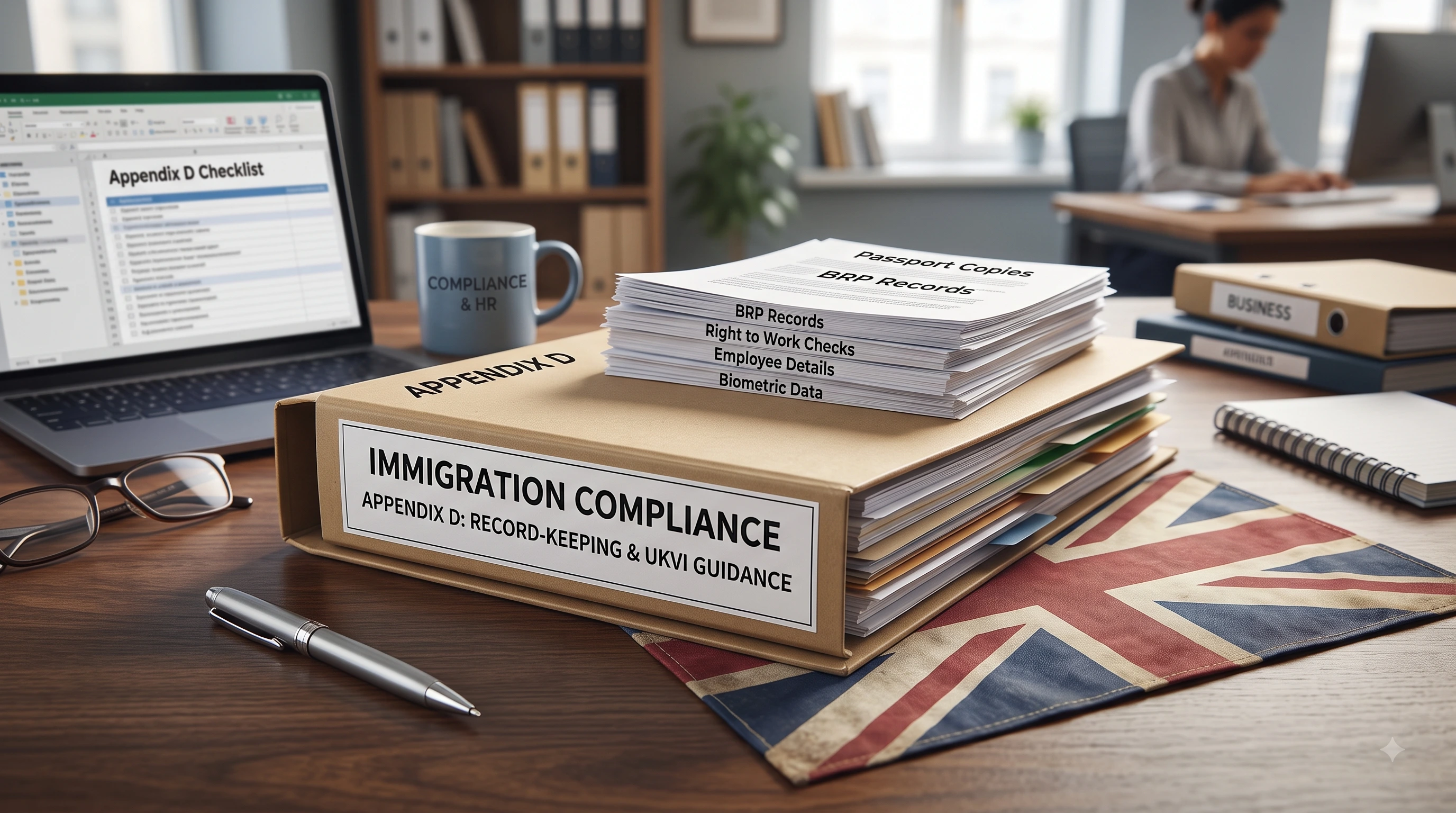 Bureau professionnel contenant les documents nécessaires au respect de la réglementation britannique en matière d'immigration : dossiers de conservation des documents de l'annexe D, copies de passeports, dossiers BRP et un dossier intitulé « Conformité et RH »