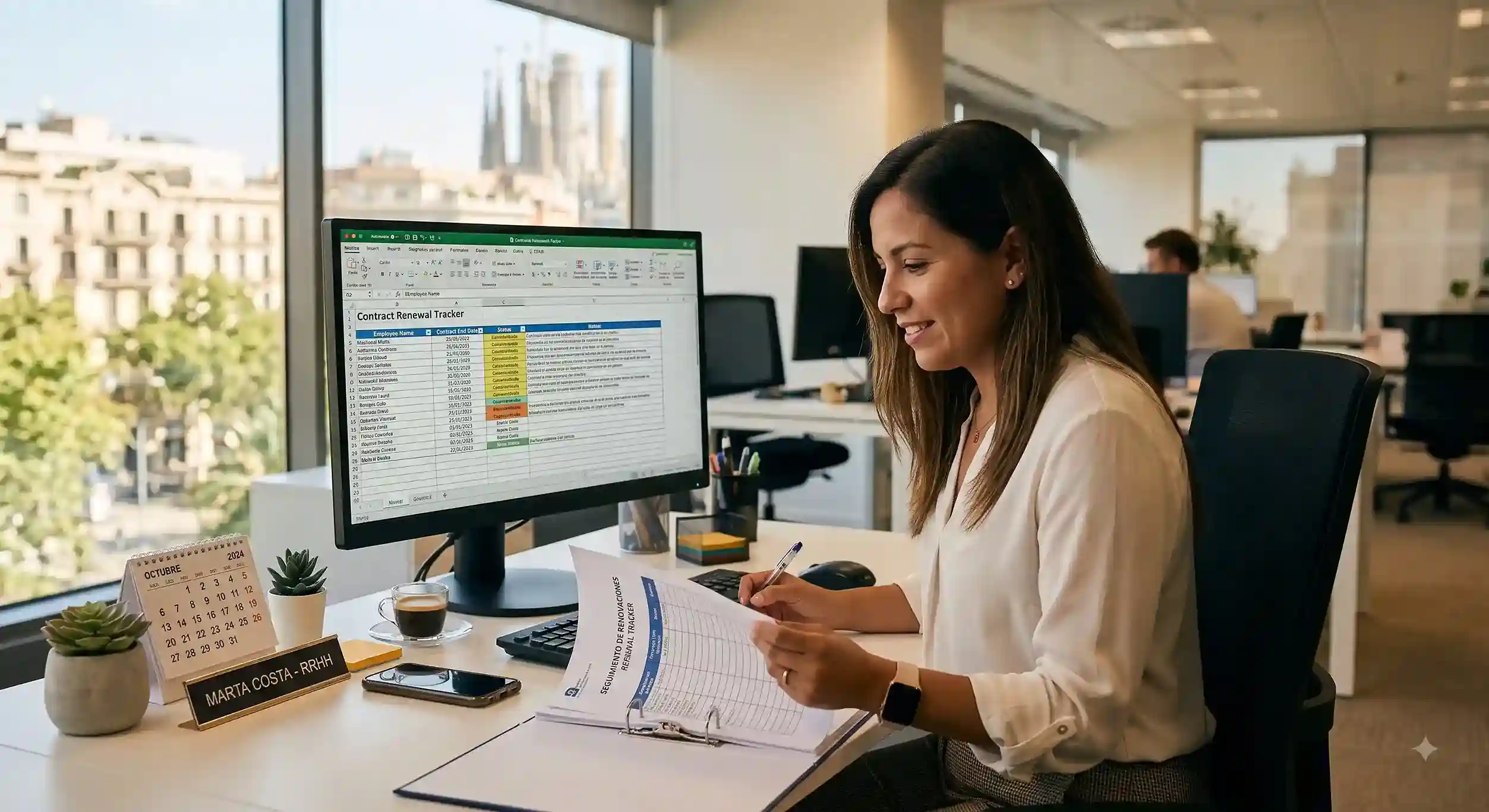 HR manager reviewing a Spain EU Blue Card renewal timeline and UGE-CE filing checklist