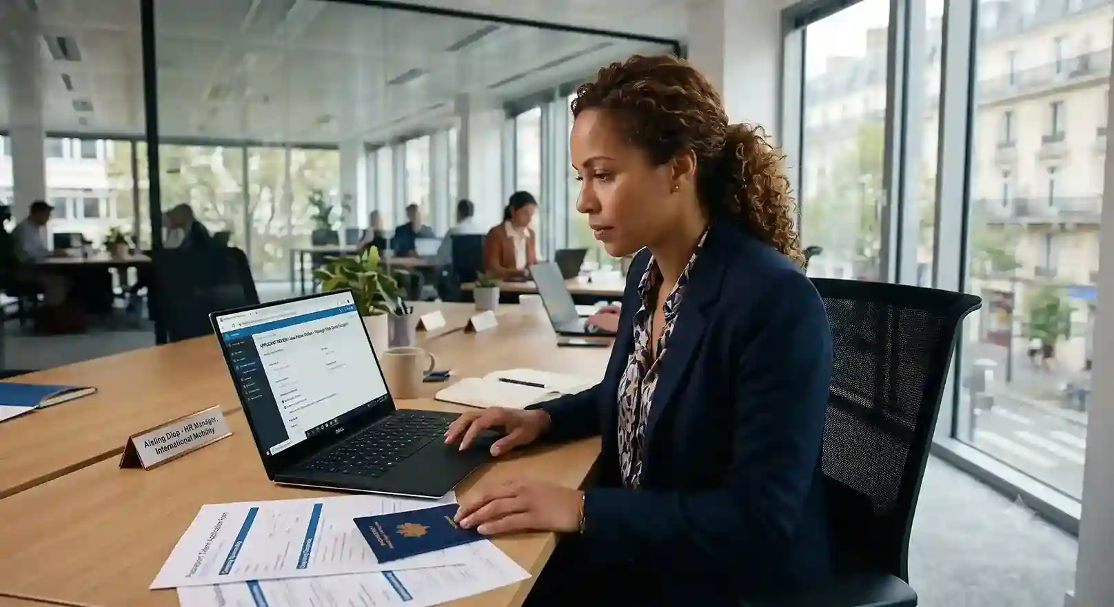 HR manager reviewing France Passeport Talent application documents on a laptop in a modern office