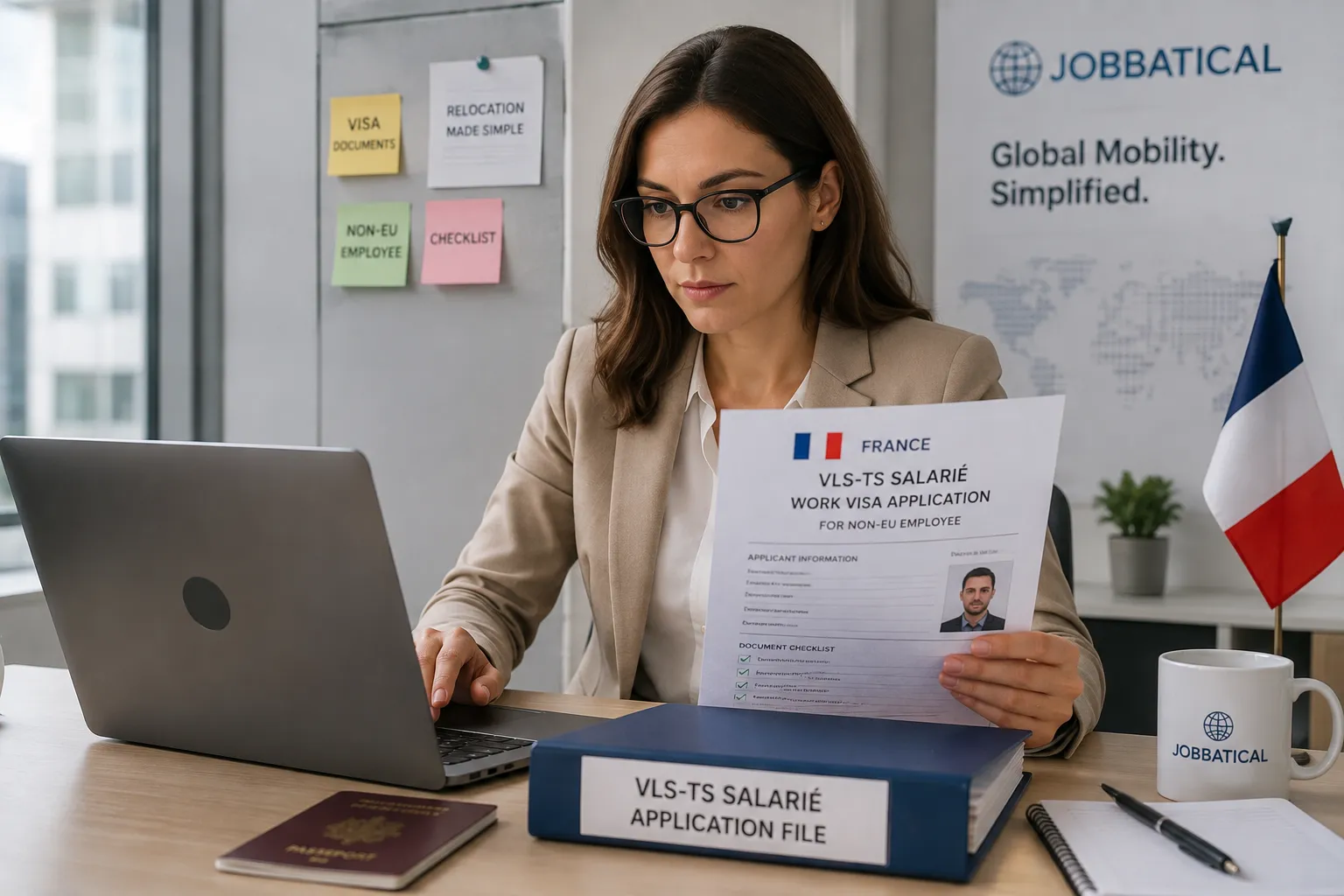 HR manager reviewing a France VLS-TS Salarié work visa application for a non-EU employee
