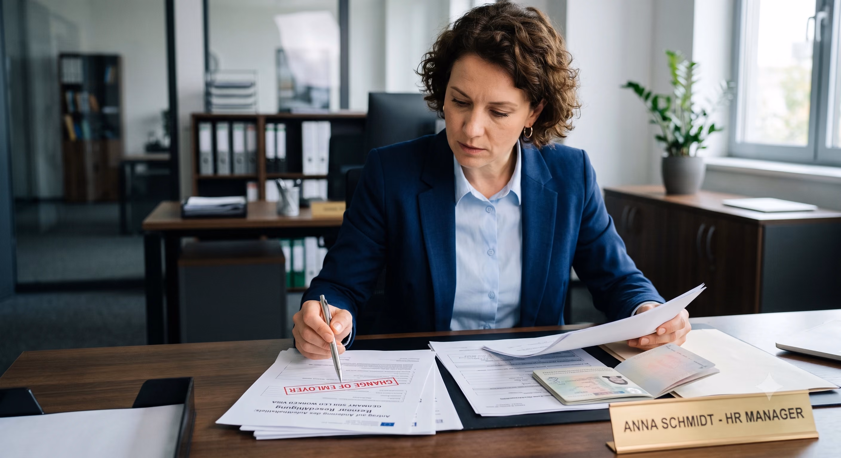 HR manager reviewing Germany skilled worker visa change of employer documents at a desk