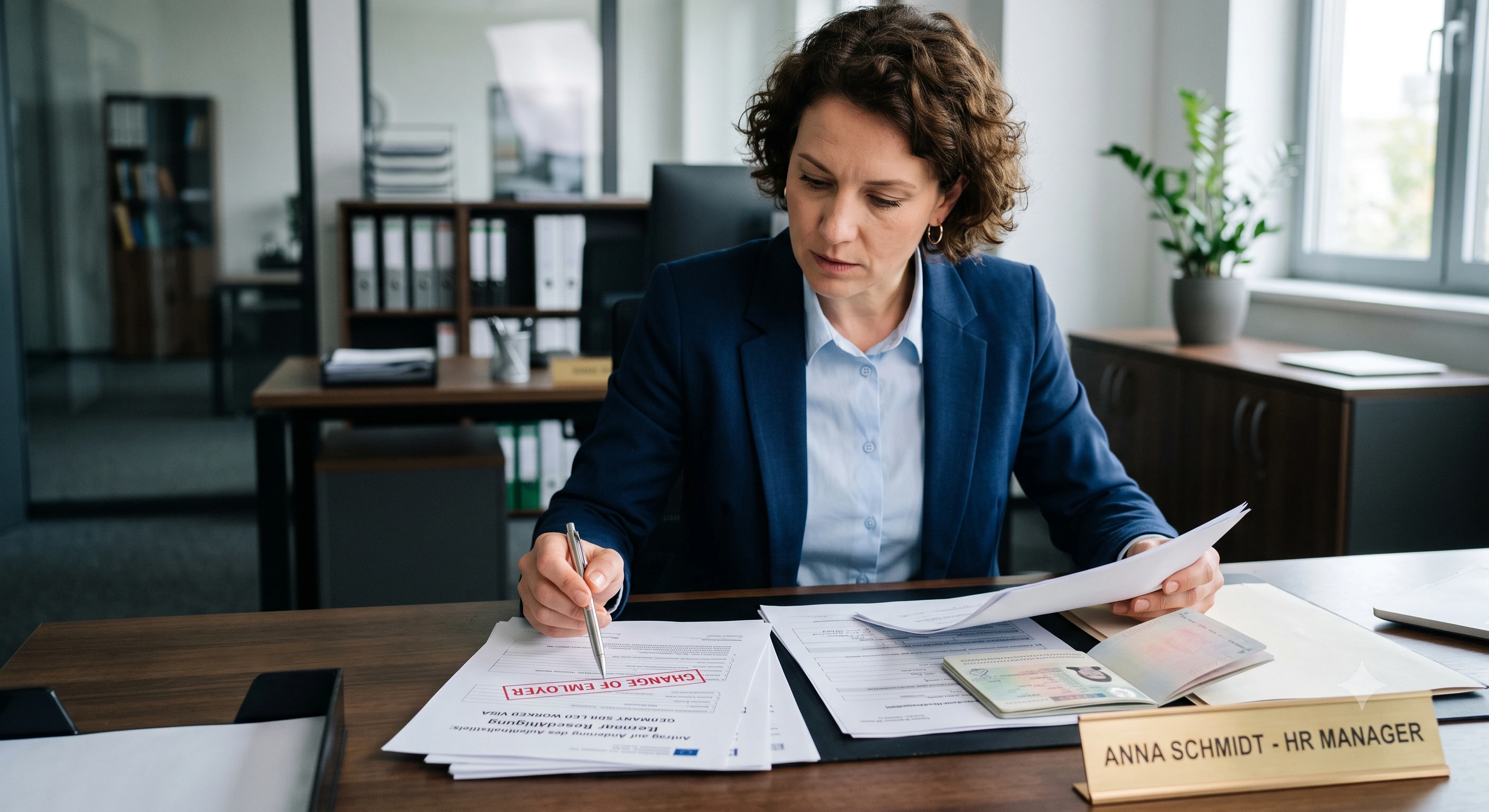HR manager reviewing Germany skilled worker visa change of employer documents at a desk