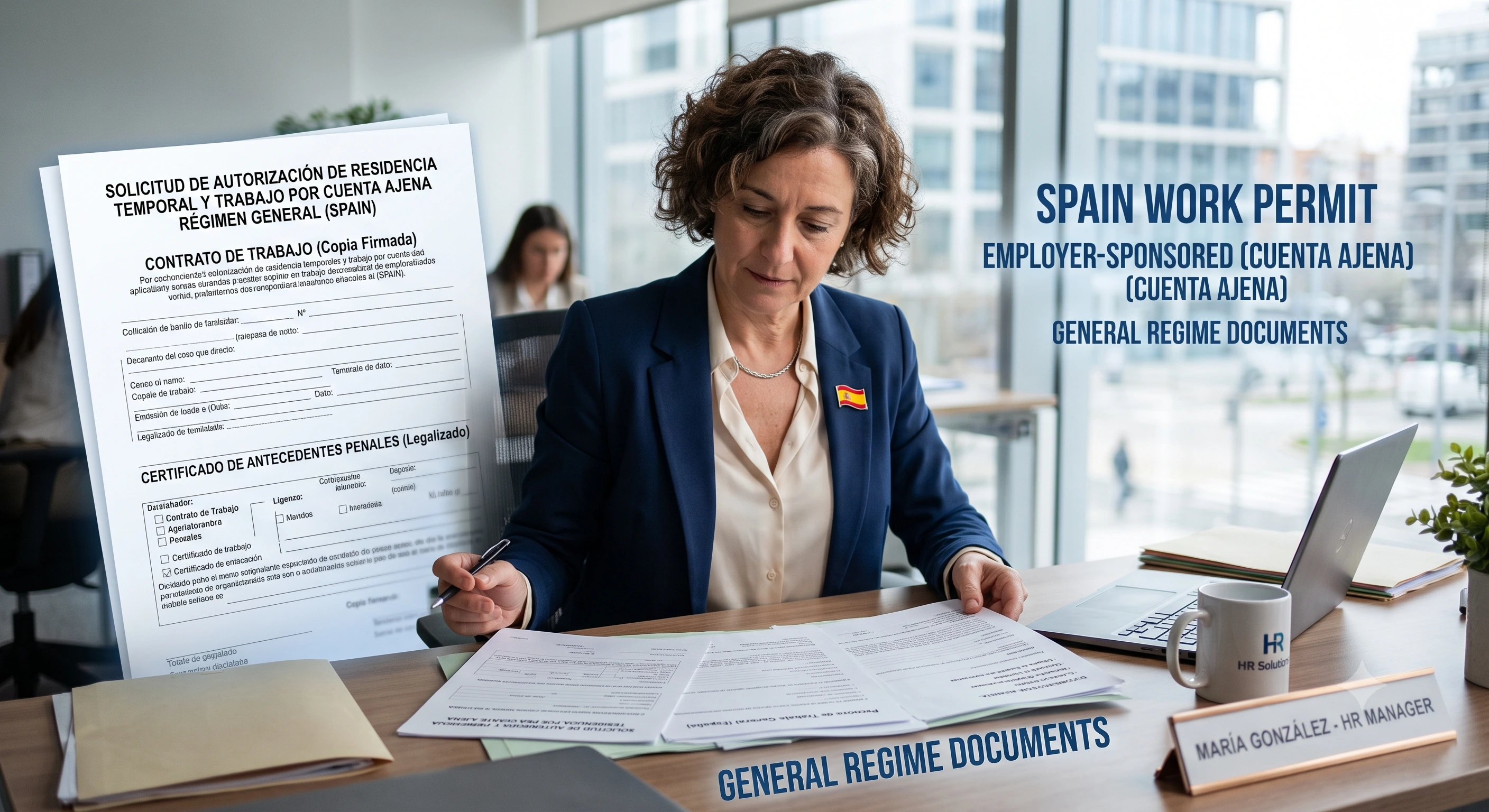 HR manager reviewing Spain cuenta ajena general employment permit application documents
