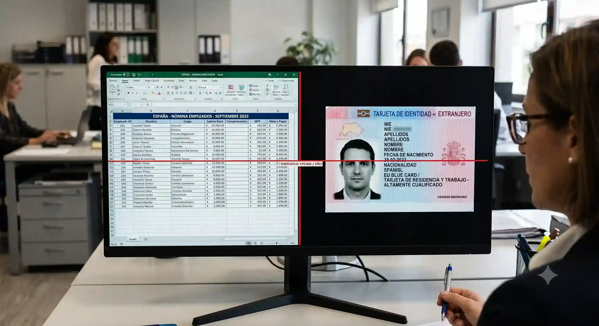 HR manager reviewing Spanish payroll records against EU Blue Card salary threshold requirements