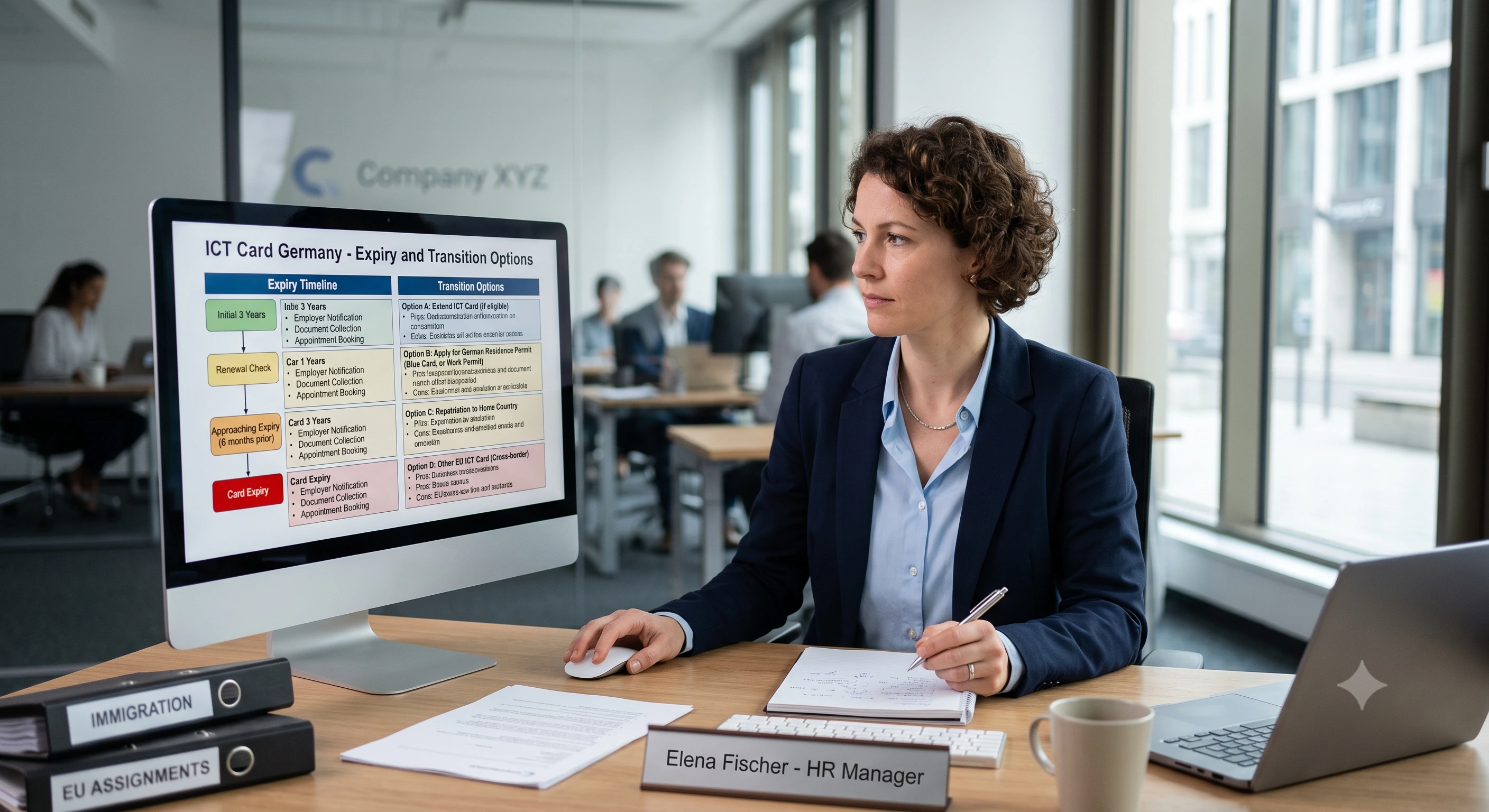 HR manager reviewing Germany ICT Card expiry timeline and transition options for an intra-company transferee