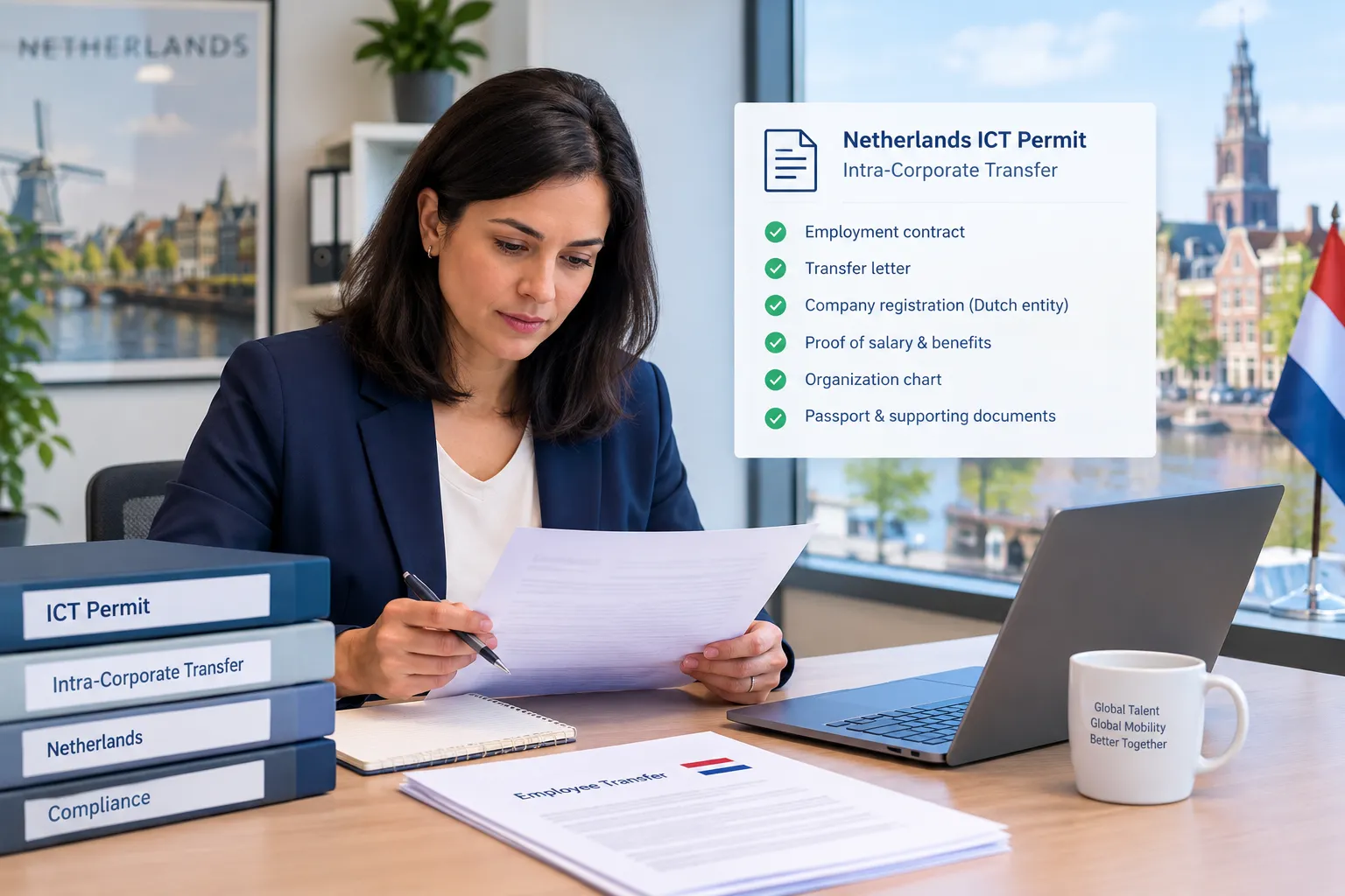 HR manager reviewing Netherlands ICT permit intra-corporate transfer documents for a Dutch entity