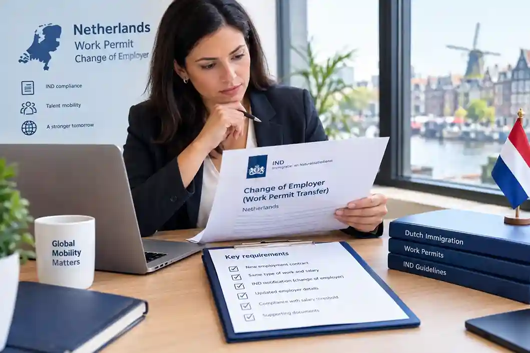 HR manager reviewing IND change of employer requirements for a Netherlands work permit transfer