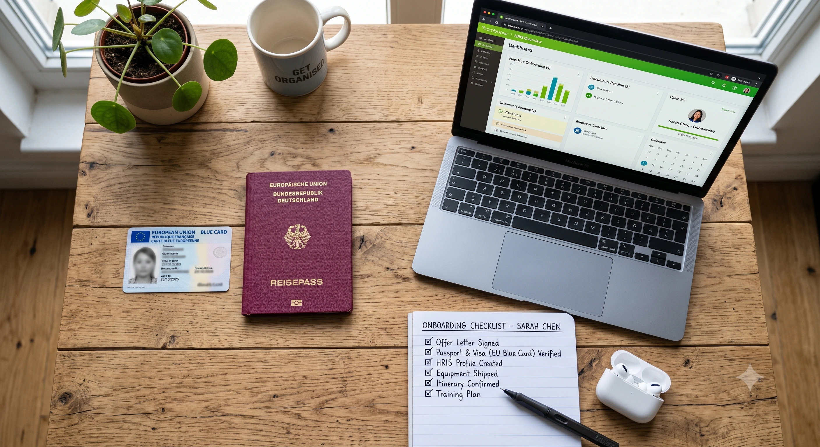 HR manager reviewing German work visa candidate status on a mobility platform dashboard