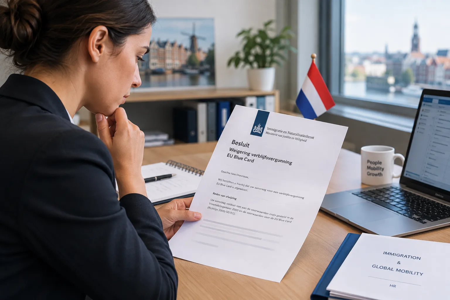 HR manager reviewing an IND EU Blue Card refusal letter in the Netherlands