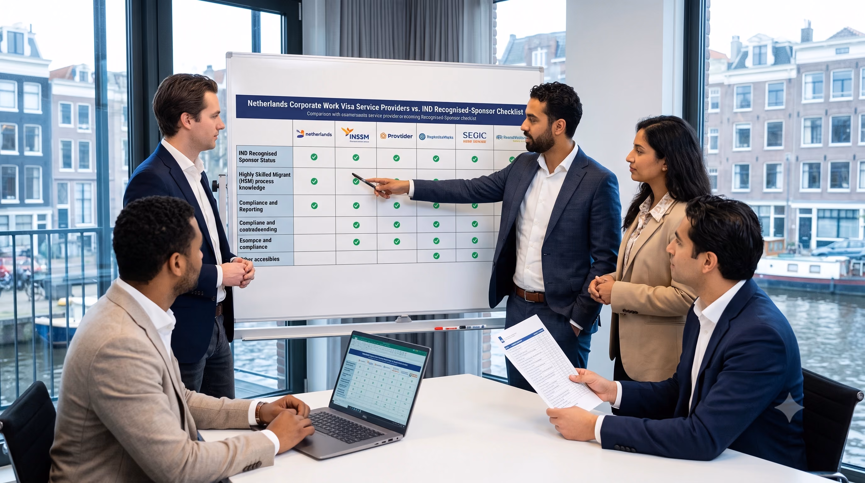 HR team comparing corporate work visa service providers in the Netherlands against an IND recognised-sponsor checklist