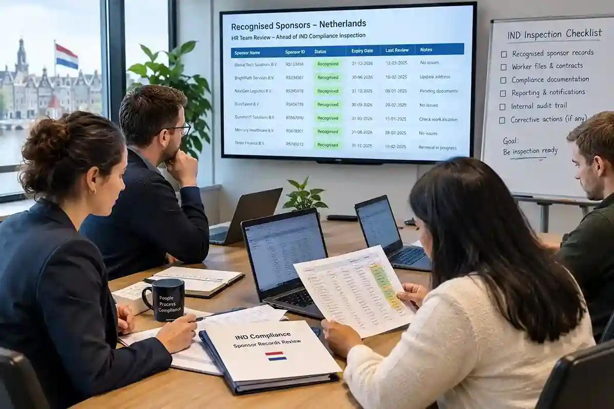 Das Personalteam prüft im Vorfeld einer IND-Konformitätsprüfung in den Niederlanden die Unterlagen anerkannter Sponsoren
